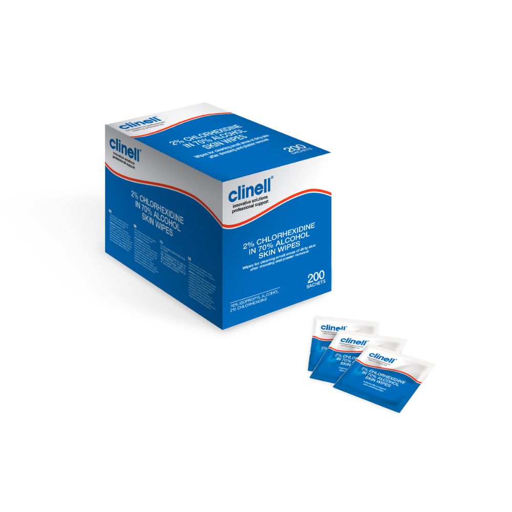 Clinell 2 % de chlorhexidine dans des lingettes pour la peau à 70 % d'alcool x 200
